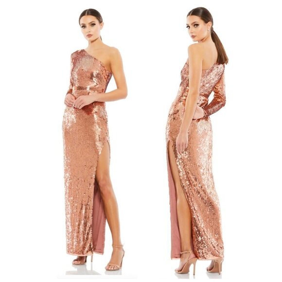 Mac Duggal Dresses & Skirts - MAC DUGGAL Sequin One-Shoulder Long Sleeve Column Gown in Copper Size US 2